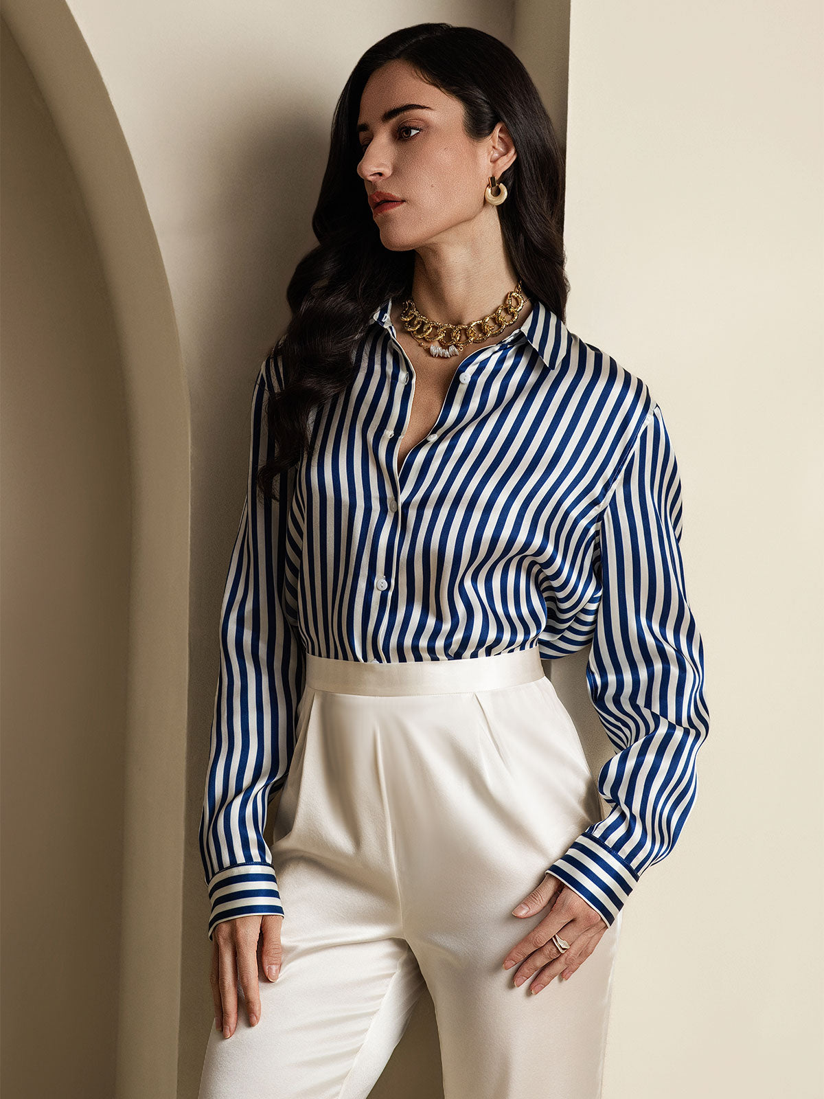 [Blauw] SilkSilky-NL Zijde Kraag Dames Blouse 006