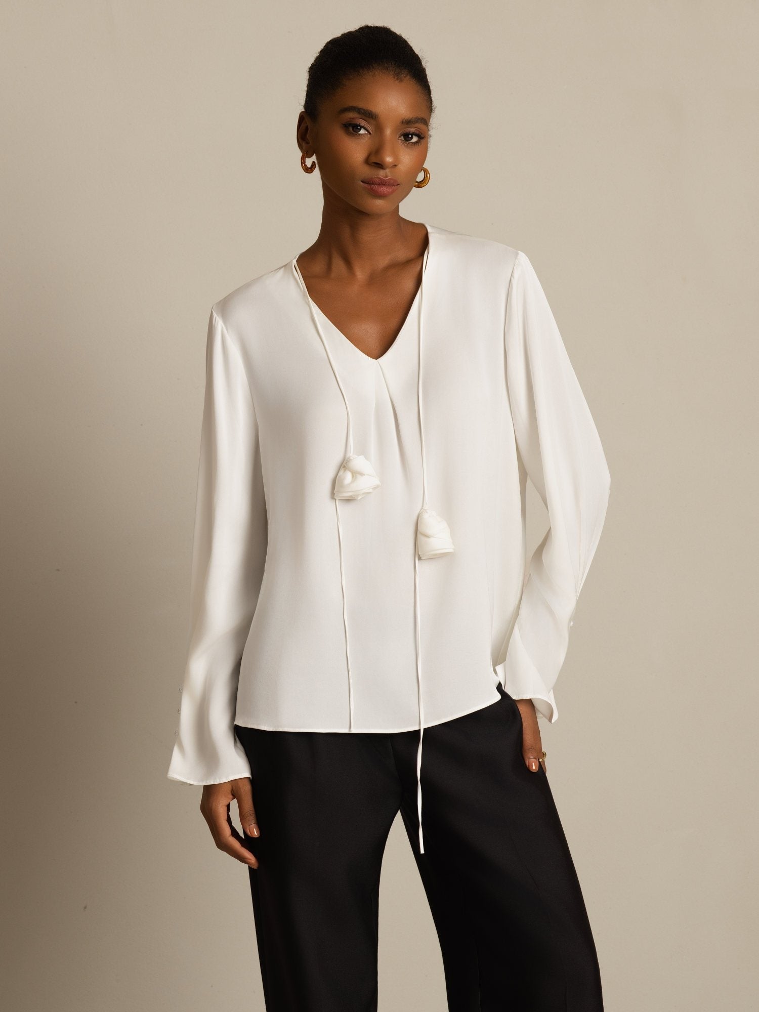 [Wit] SilkSilky-NL 19Momme Zijde Lange Mouw V Hals Blouse 001
