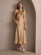 [Champagne] SilkSilky-NL 19Momme Stretch Silk Charmeuse Sleeveless Tie Neck Jurk 007