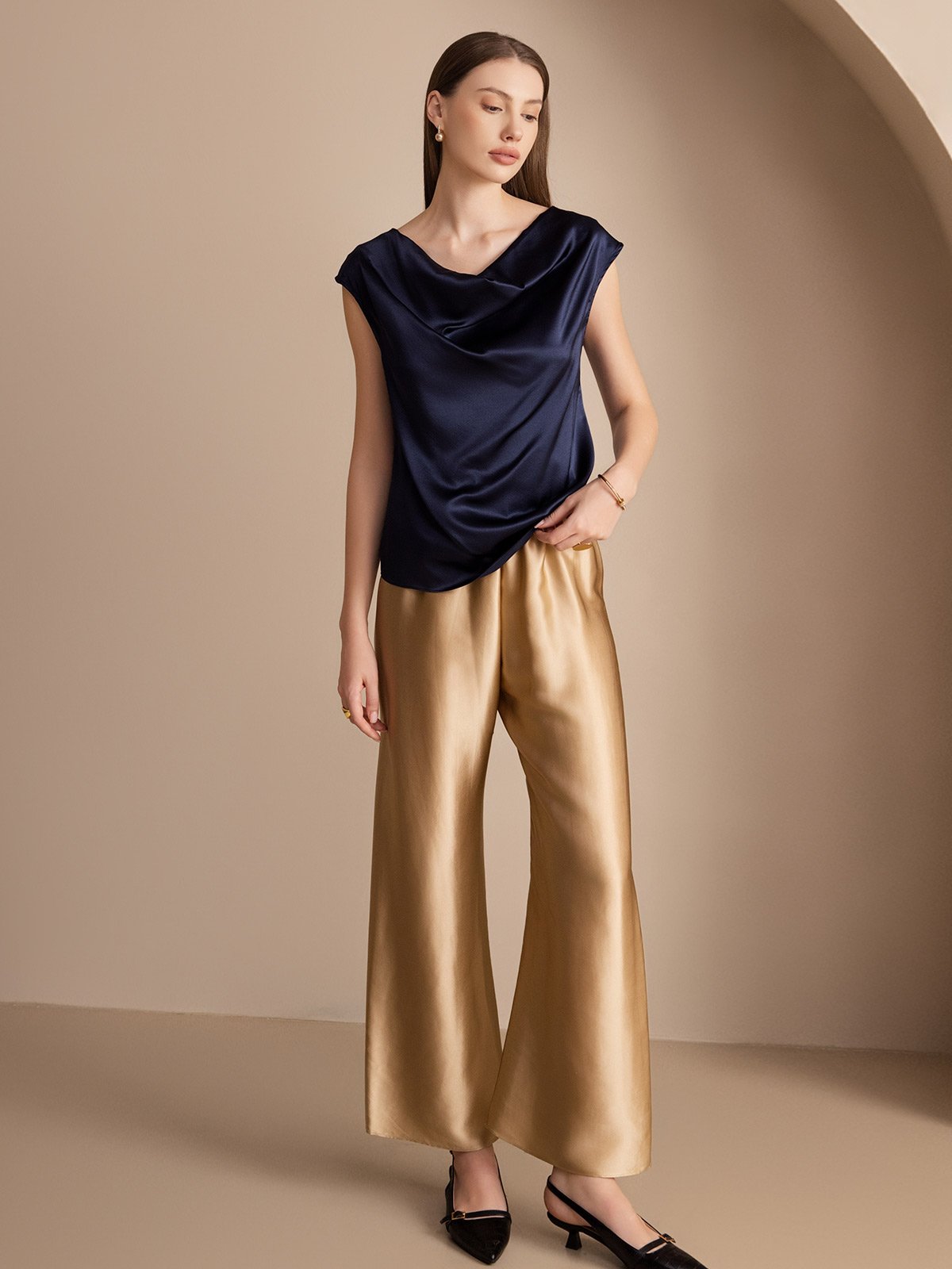 [Donkerblauw] SilkSilky-NL 19Momme Zijde Mouwloos Womens T-Shirt 004