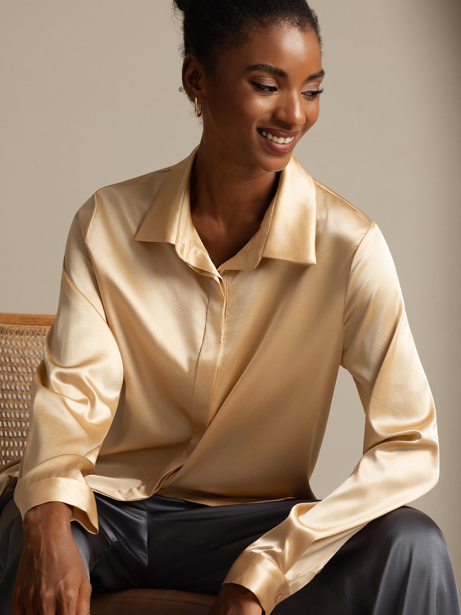 [Champagne] SilkSilky-NL 19Momme Zijde Kraag Dames Blouse 001