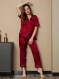 SilkSilky NL Pure Silk Korte Mouw Revers Dames Pyjama Set Wijn 005