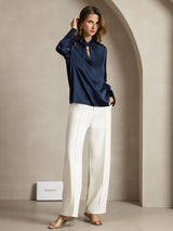 [Donkerblauw] SilkSilky-NL Long Sleeve Keyhole Neck Blouse 007