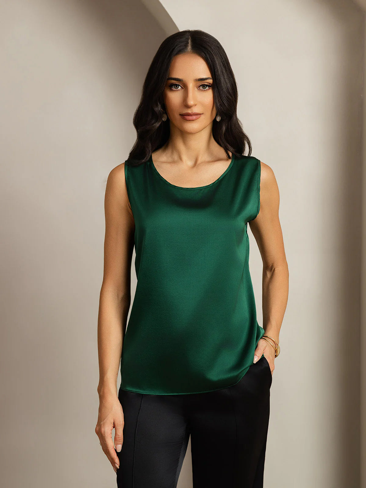 [Donkergroen] SilkSilky-NL 19Momme Zijde Ronde Hals Cami-Top 005