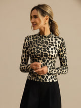 [Leopard] SilkSilky-NL Lange Mouw Col Montant Dames T-Shirt 004