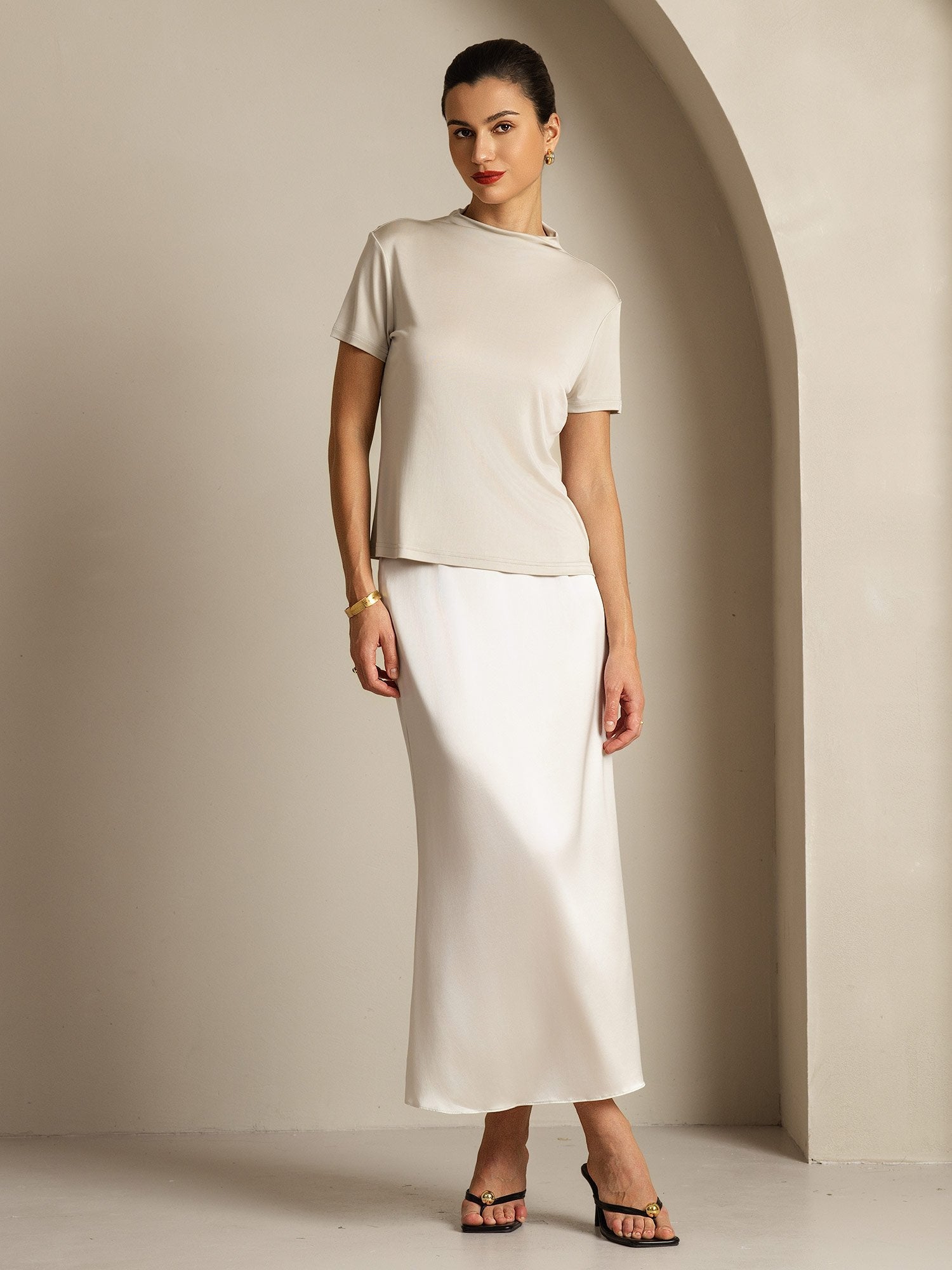 [Grijs] SilkSilky-NL Korte Mouw Col Montant Dames T-Shirt 009