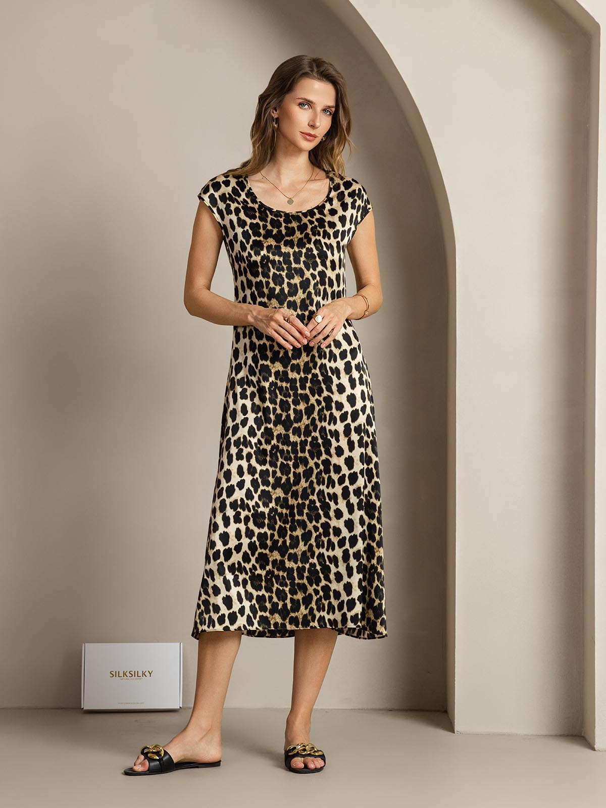 [Leopard] SilkSilky-NL 19Momme Zijde Ronde Hals Jurk 006