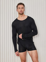 [Zwart] SilkSilky-NL Lange Mouw Ronde Hals Heren T-Shirt 003