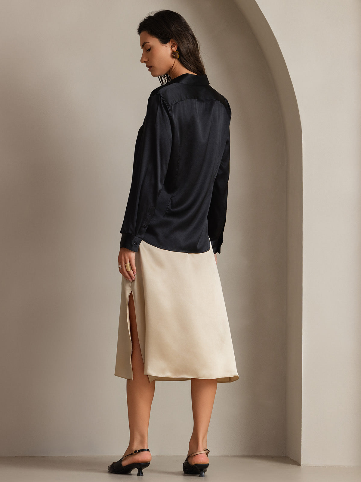 [Zwart] SilkSilky-NL Zijde Lange Mouw Kraag Dames Blouse 002