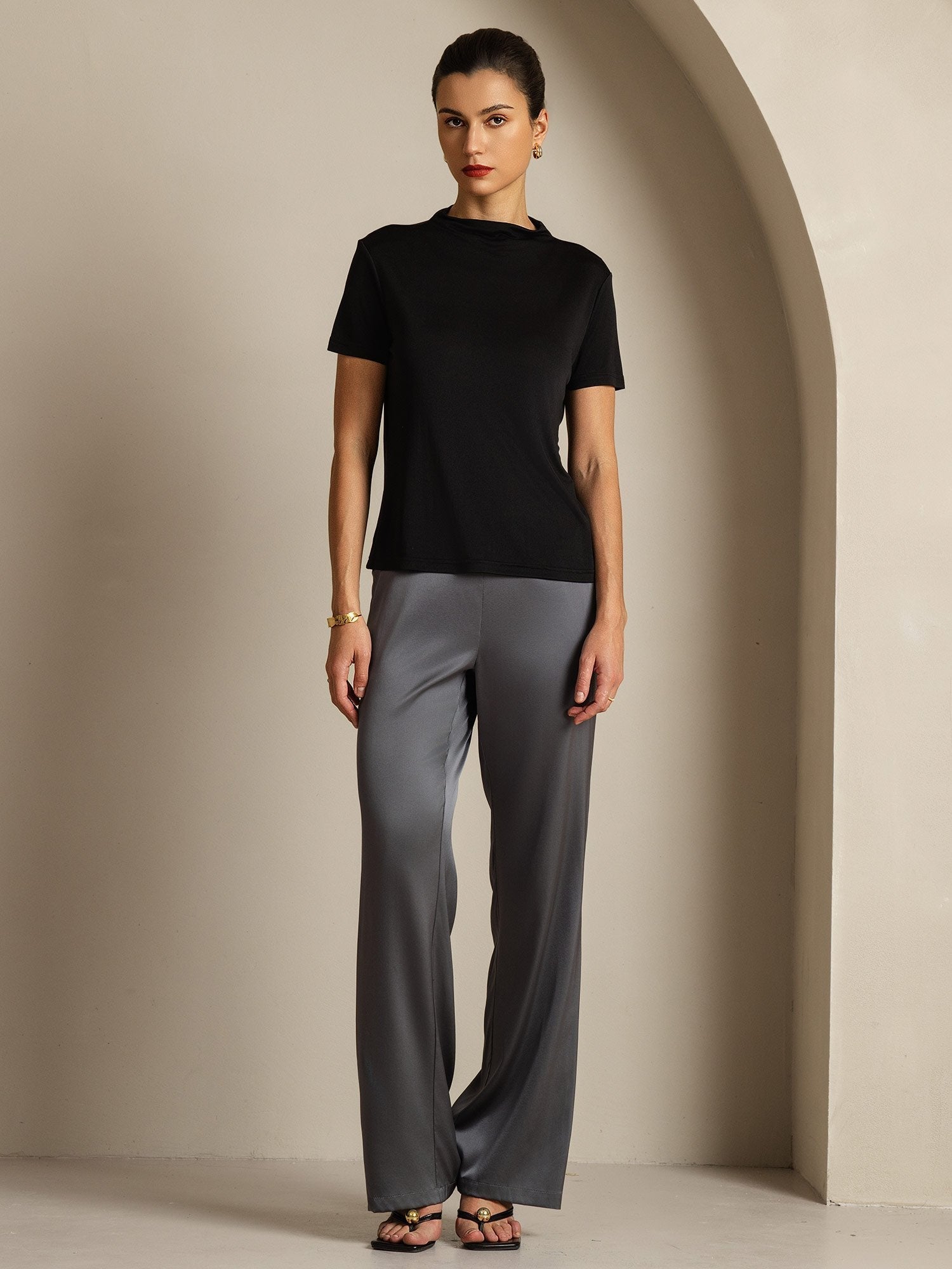 [Zwart] SilkSilky-NL Zijde Kraag Dames T-Shirt 007
