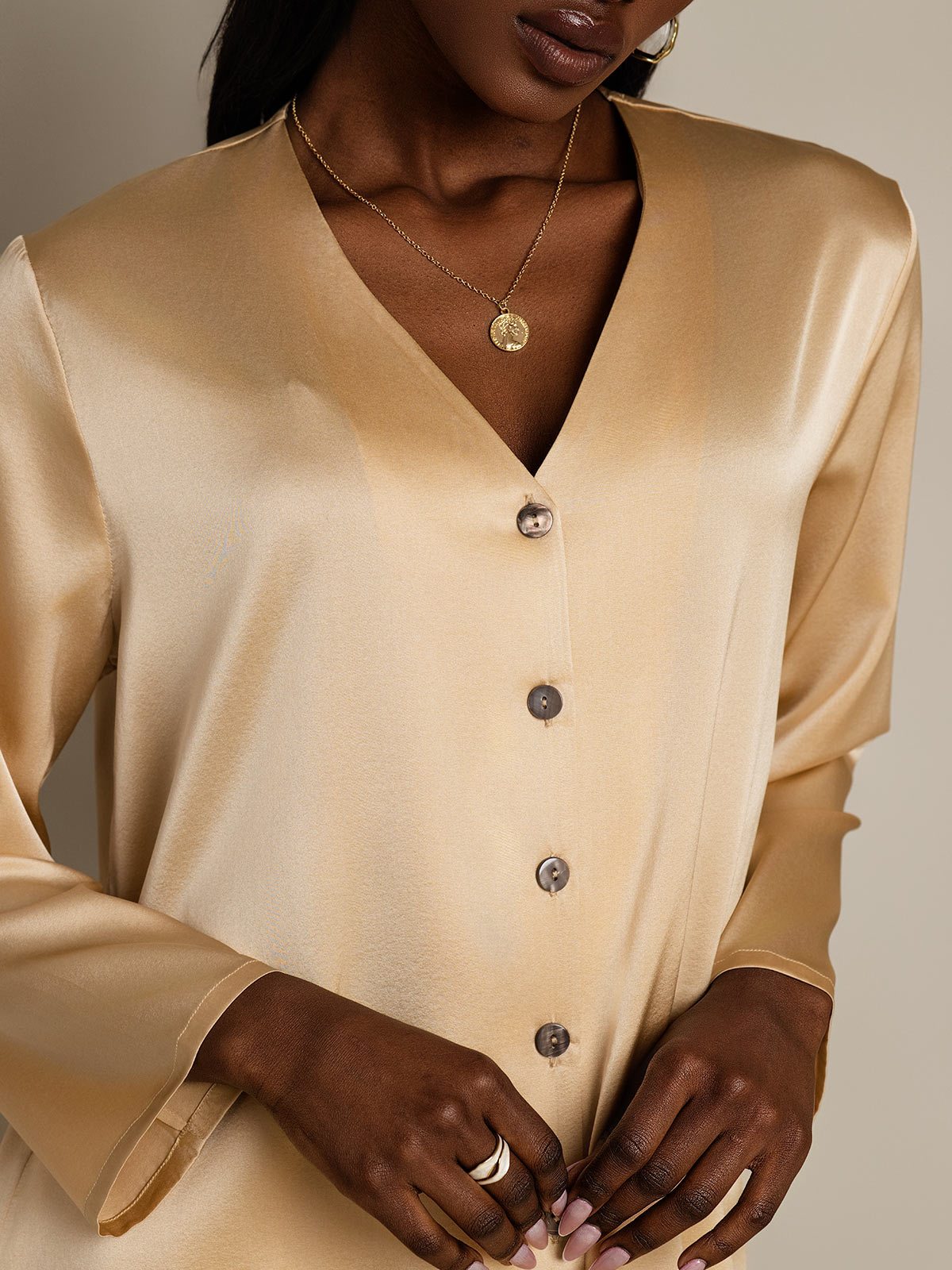 [Champagne] SilkSilky-NL 19Momme Zijde V-Hals Dames Blouse 006