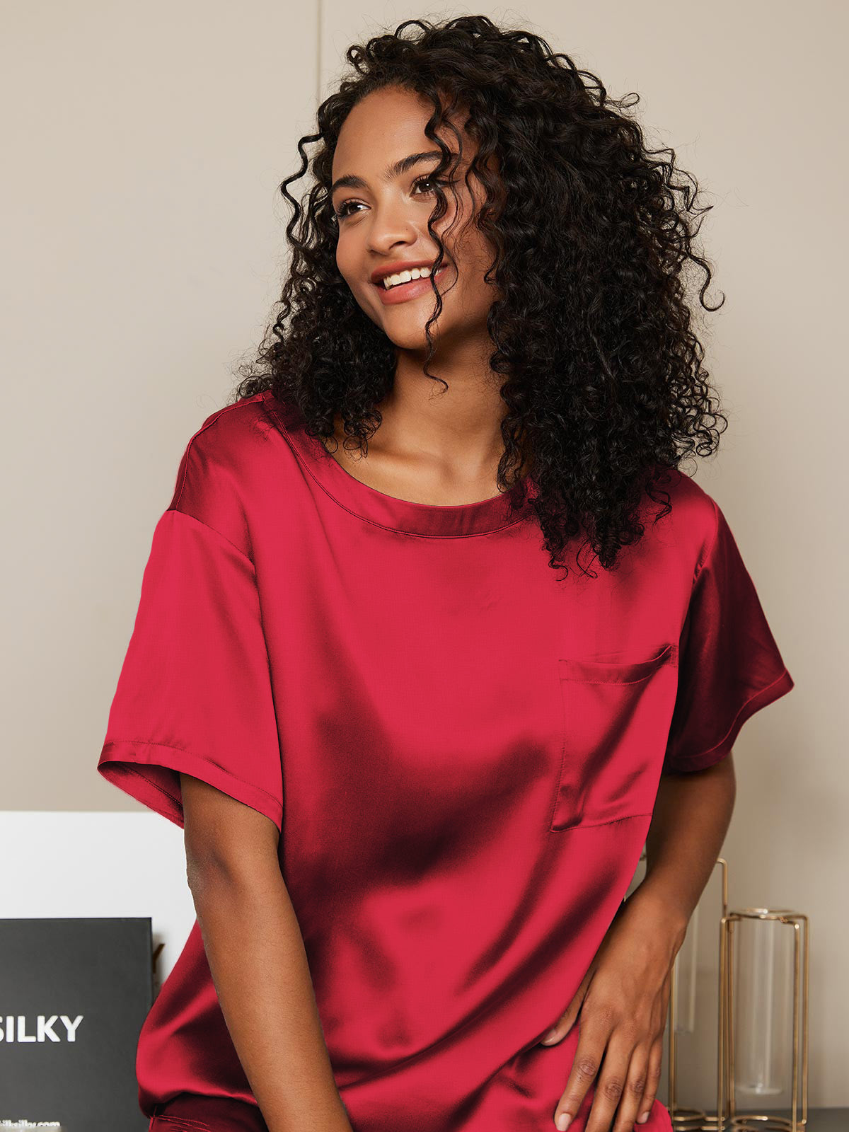 [Wijn] SilkSilky-NL Ronde Hals Dames Pyjama Set 006