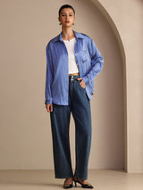 [Blauwe Krijtstreep] SilkSilky-NL Long Sleeve Lapel Collar Dames Blouse 007