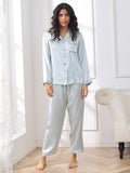 SilkSilky NL Pure Silk Lange Mouw Revers Dames Pyjama Set Lichtblauw 003