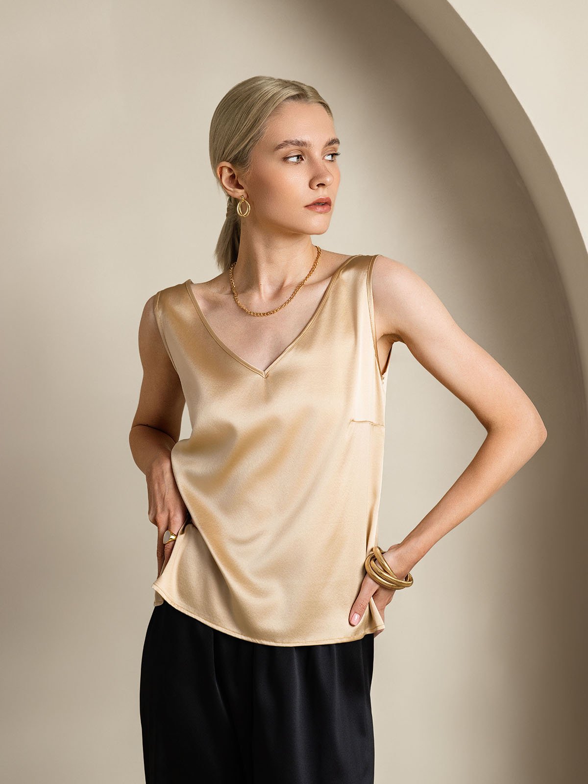 SilkSilky-NL 19Momme Zijde V-Hals Cami-Top Champagne 001