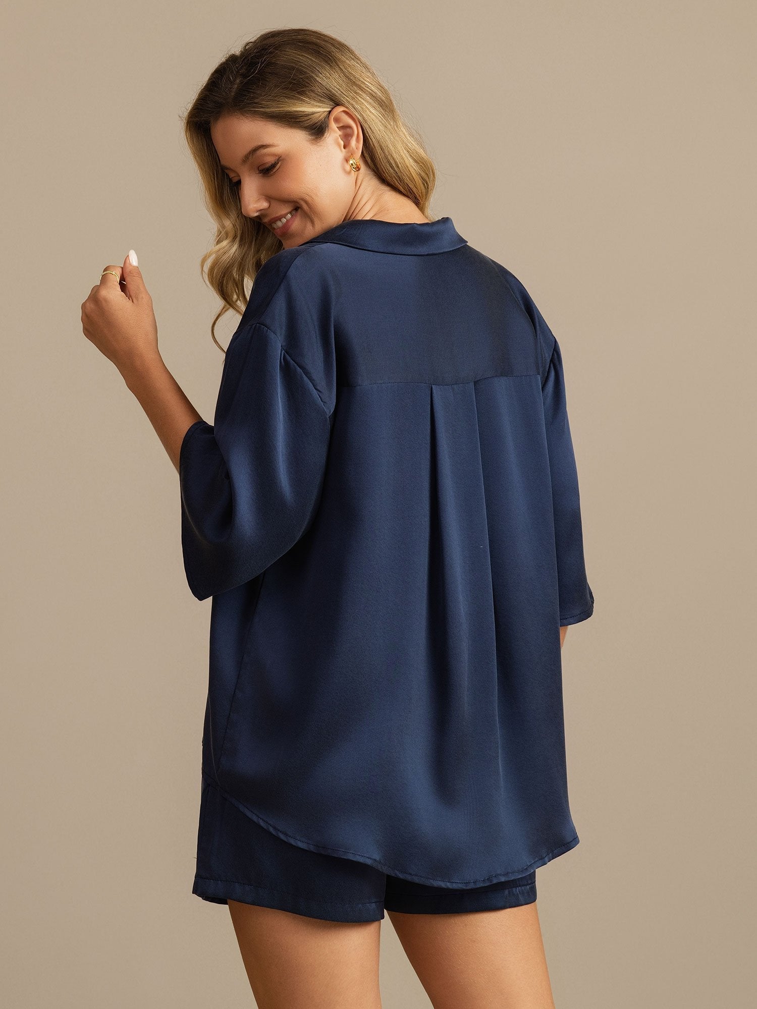 [Donkerblauw] SilkSilky-NL 19Momme Zijde Kraag Dames Pyjama Set 002,