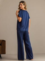 [Donkerblauw] SilkSilky-NL 19Momme Korte Mouw Dames Pyjama Set 002