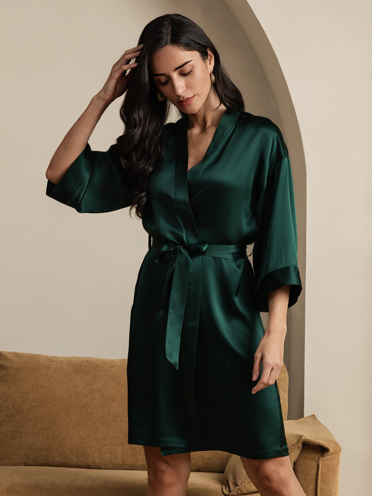 [Donkergroen] SilkSilky-NL Pure Silk Halve Mouw Womens Robe 006