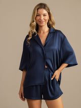 [Donkerblauw] SilkSilky-NL 19Momme Halve Mouw Notchkraag Dames Pyjama Set 006