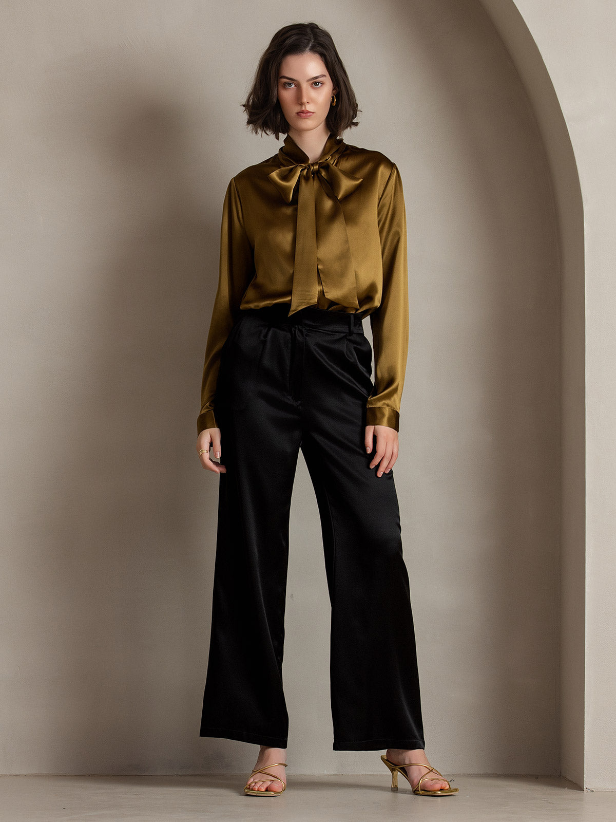 [Bruin] SilkSilky-NL 19Momme Zijde Lange Mouw Binda Hals Dames Blouse 004