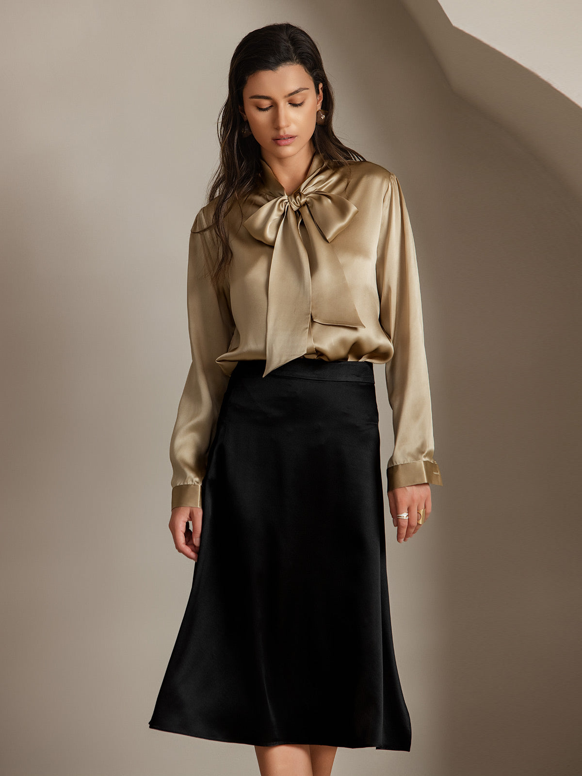 [Champagne] SilkSilky-NL 19Momme Zijde Lange Mouw Binda Hals Dames Blouse 004