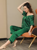 SilkSilky NL Pure Silk Korte Mouw Revers Dames Pyjama Set Groen 006