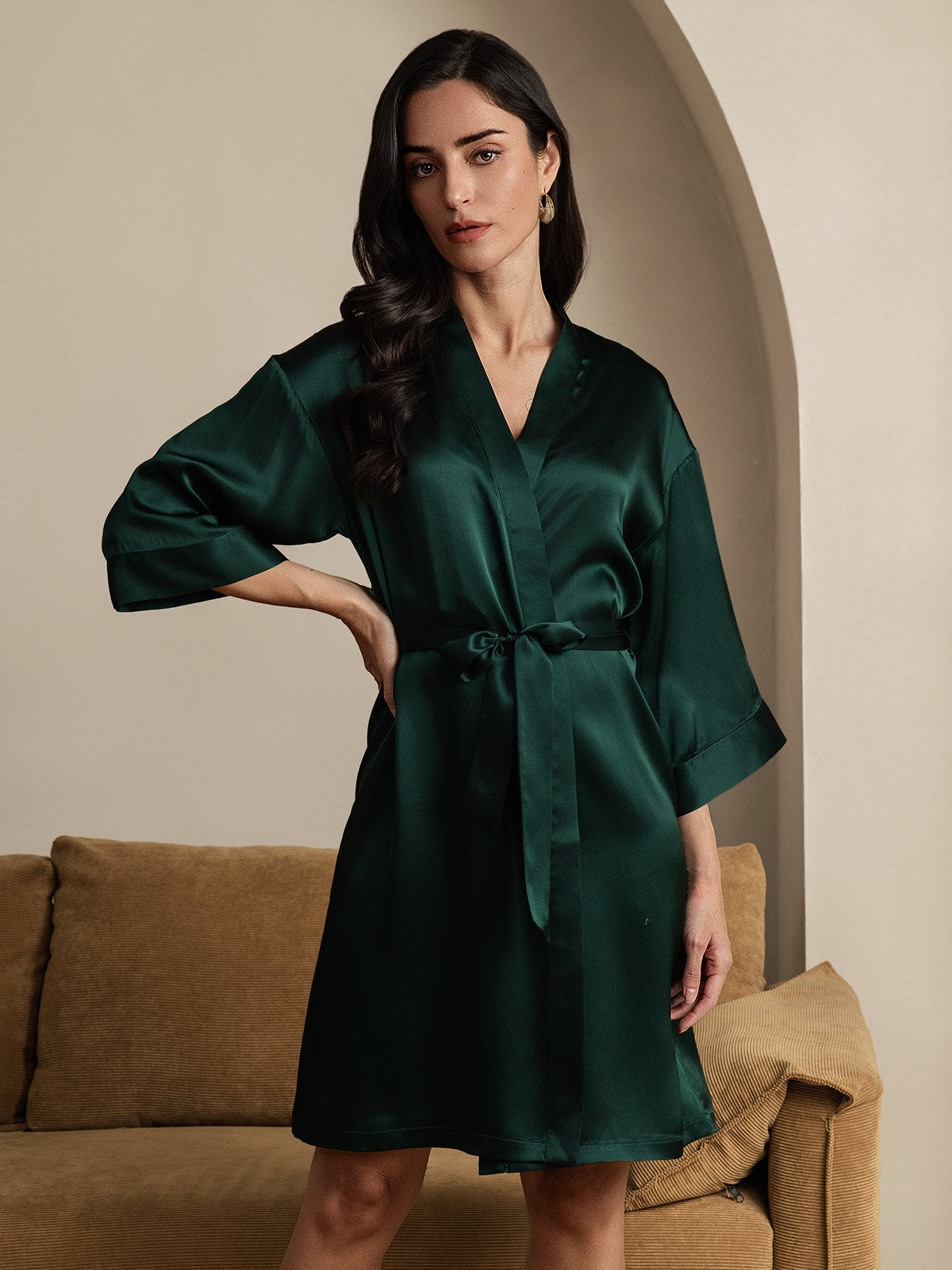 [Donkergroen] SilkSilky-NL Pure Silk Halve Mouw Womens Robe 003
