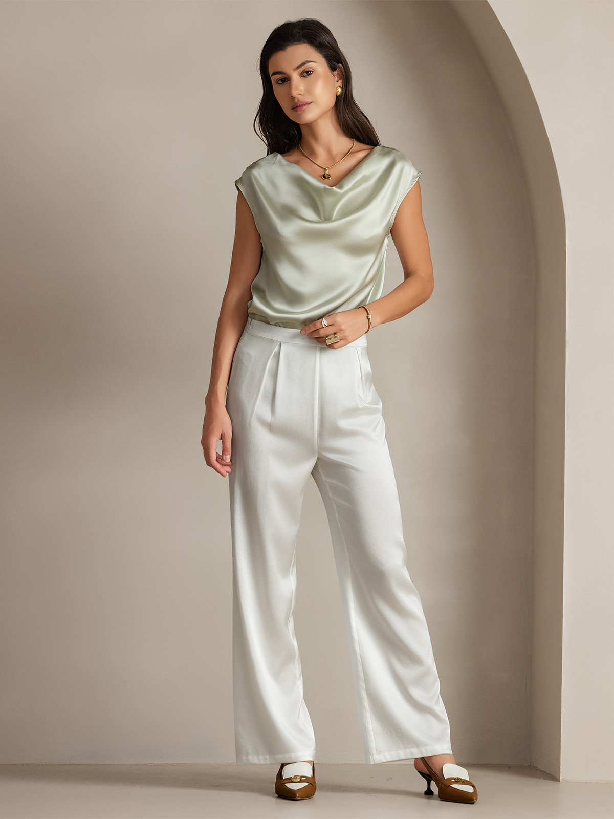 [Lichtgroene] SilkSilky-NL 19Momme Zijde Mouwloos Womens T-Shirt 006