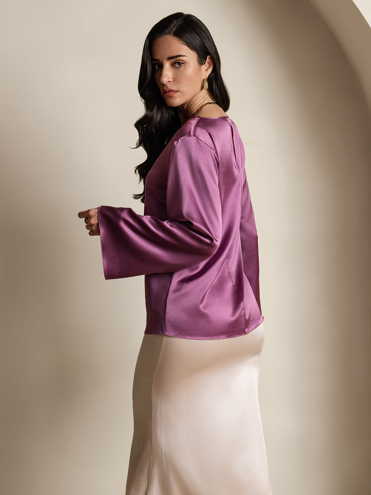 [Donkerpaars] SilkSilky-NL 19Momme Zijde Ronde Hals Dames T-Shirt 002