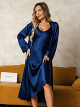 [Donkerblauw] SilkSilky-NL Long Sleeve V Neck Nachthemd&Kamerjas Set 001