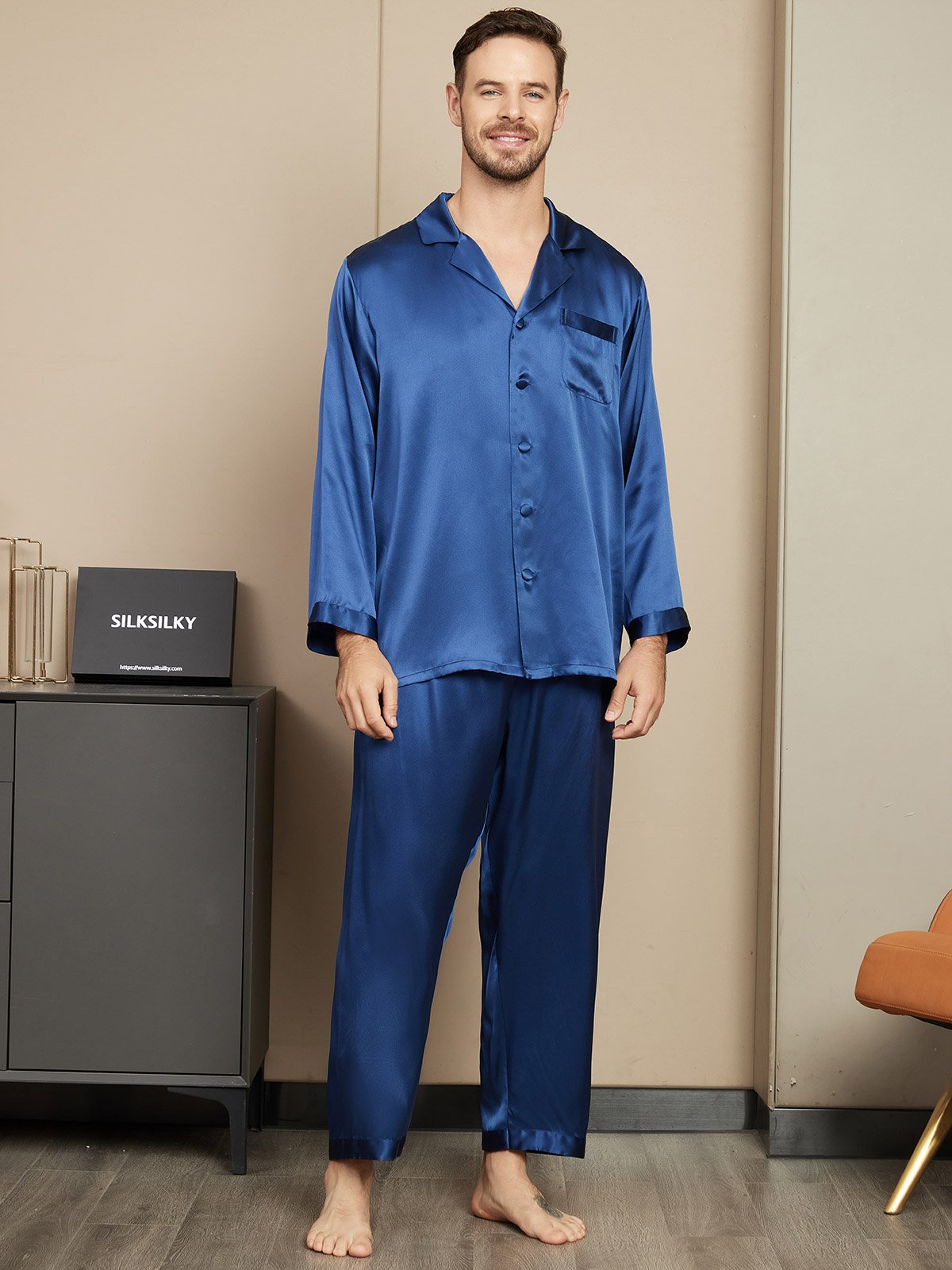 SilkSilky NL Pure Silk Lange Mouw Mens Pajamas Donkerblauw 001