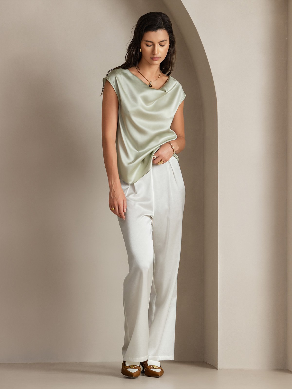 [Lichtgroene] SilkSilky-NL 19Momme Zijde Mouwloos Cowl Hals Dames T-Shirt 004