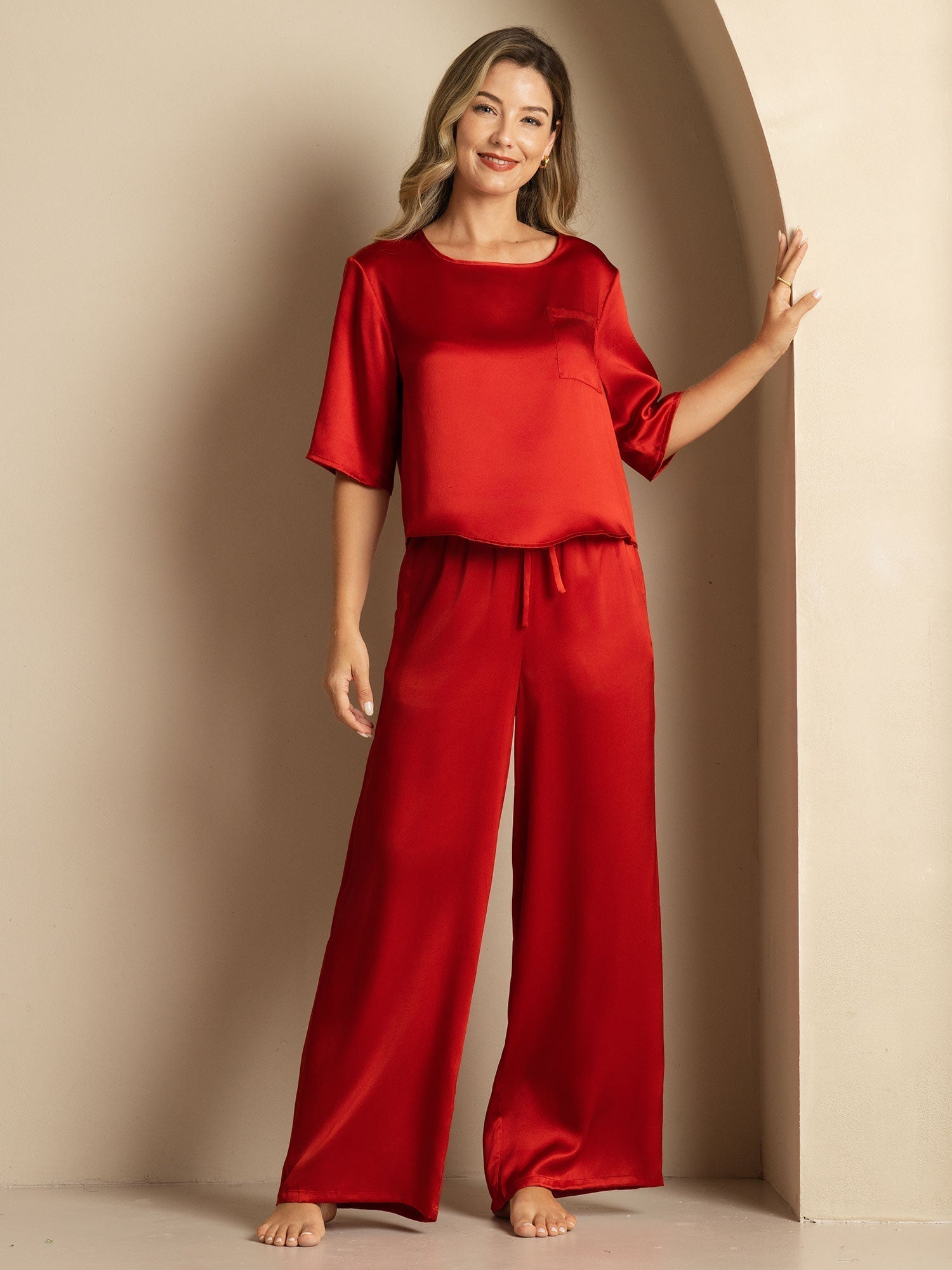 [Wijn] SilkSilky-NL Ronde Hals Dames Pyjama Set 005,