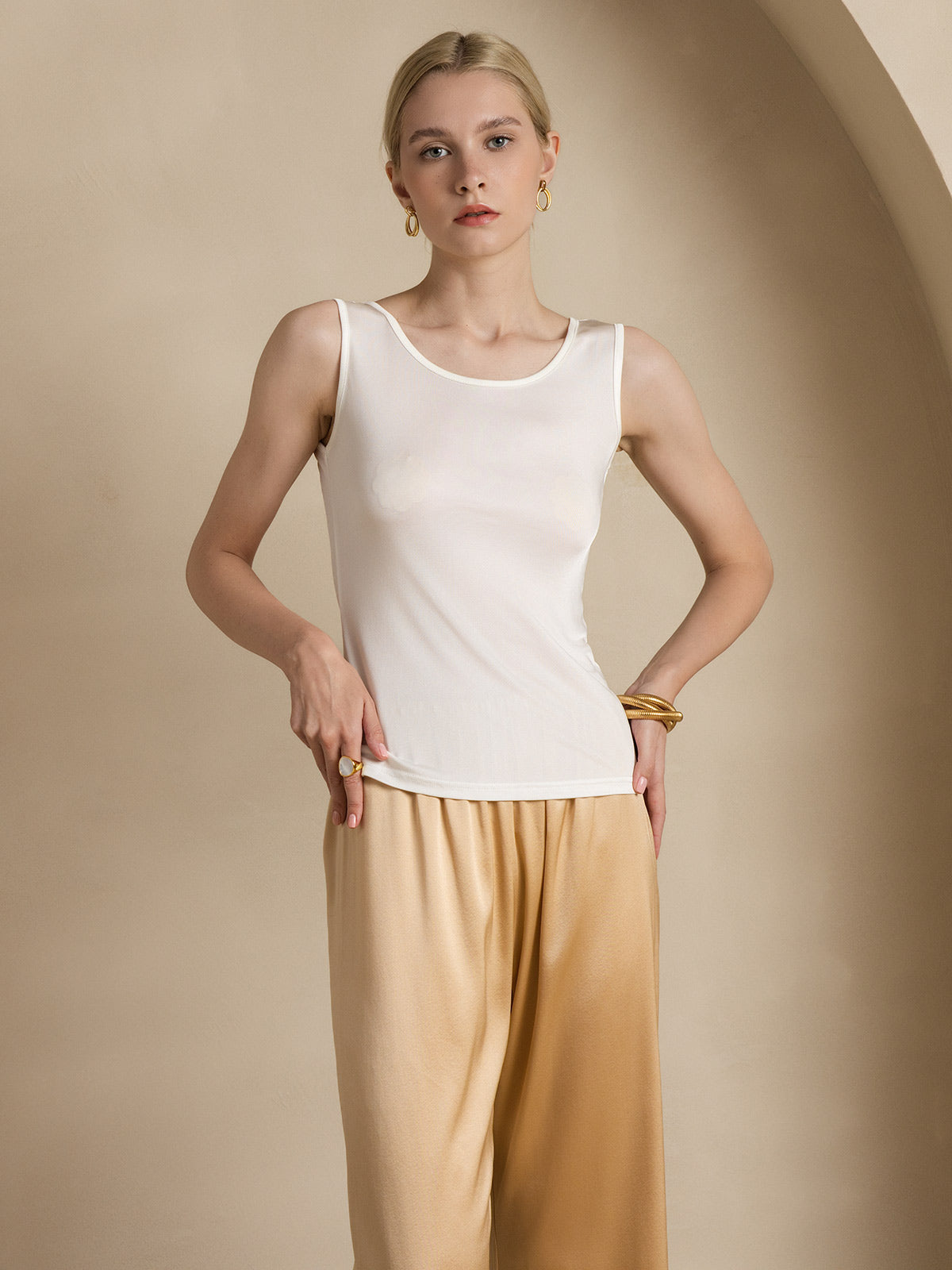 [Wit] SilkSilky-NL Zijde Gebreid Ronde Hals Dames T-Shirt 005