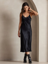 [Zwart] SilkSilky-NL Spaghetti Strap V Neck Jurk 006