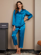 [Koningsblauw] SilkSilky-NL Long Sleeve Lapel Collar Dames Pyjama Set 004