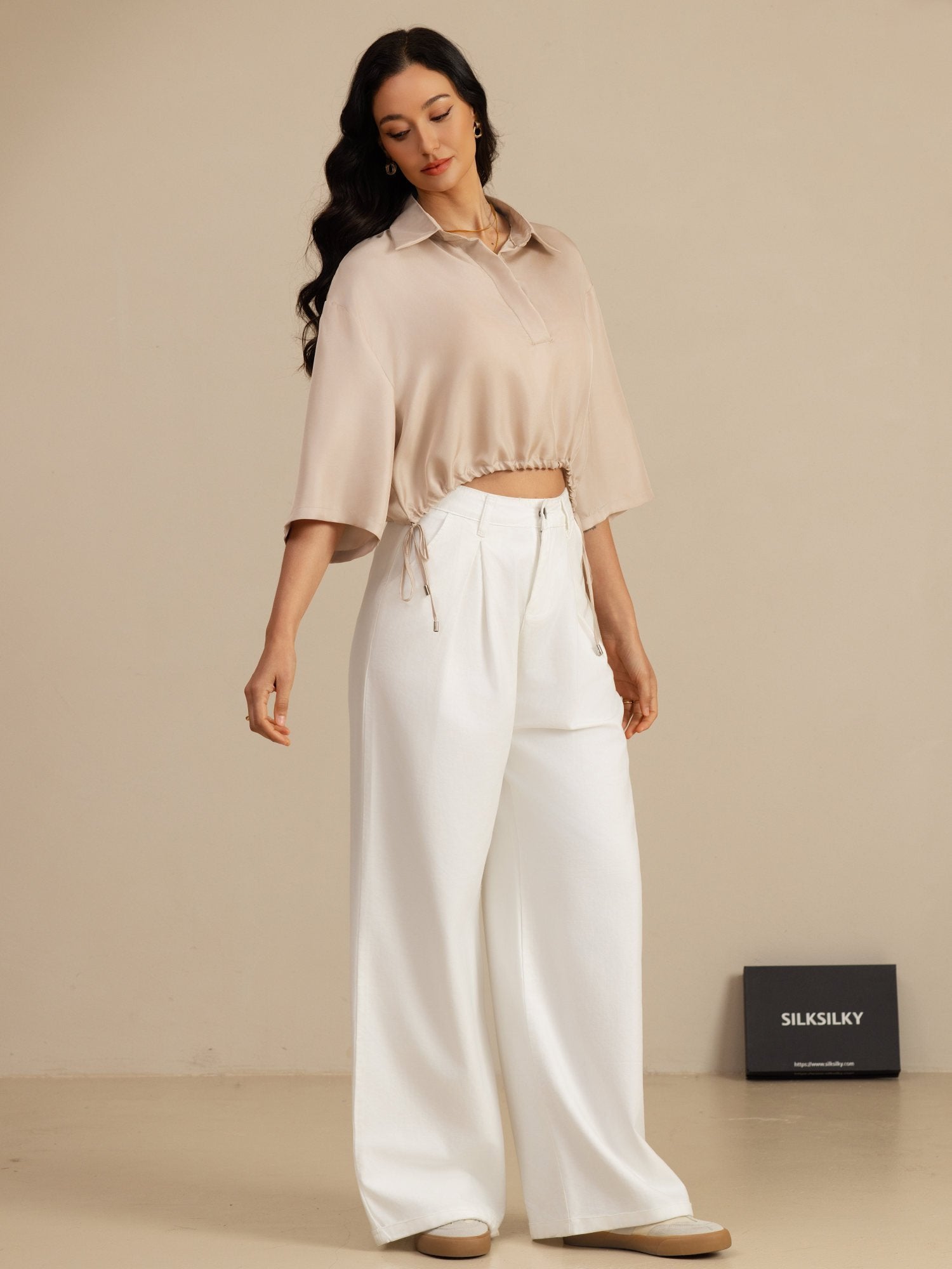 [Tan] SilkSilky-NL 18Momme Halve Mouw Reverskraag Blouse 007