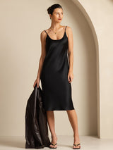 [Zwart] SilkSilky-NL Spaghetti Strap U-hals Jurk 007
