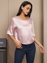 [Roze] SilkSilky-NL Halve Mouw Diepe Ronde Hals Dames T-Shirt 003
