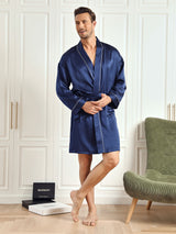 [Donkerblauw] SilkSilky-NL Pure Silk 3/4 Mouw Mens Robe 004