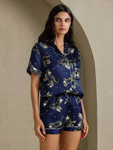 [Marineblauwe Leeuw] SilkSilky-NL Short Sleeve Notch Collar Dames Pyjama Set 004