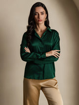 [Donkergroen] SilkSilky-NL 19Momme Lange Mouw Reverskraag Dames Blouse 005