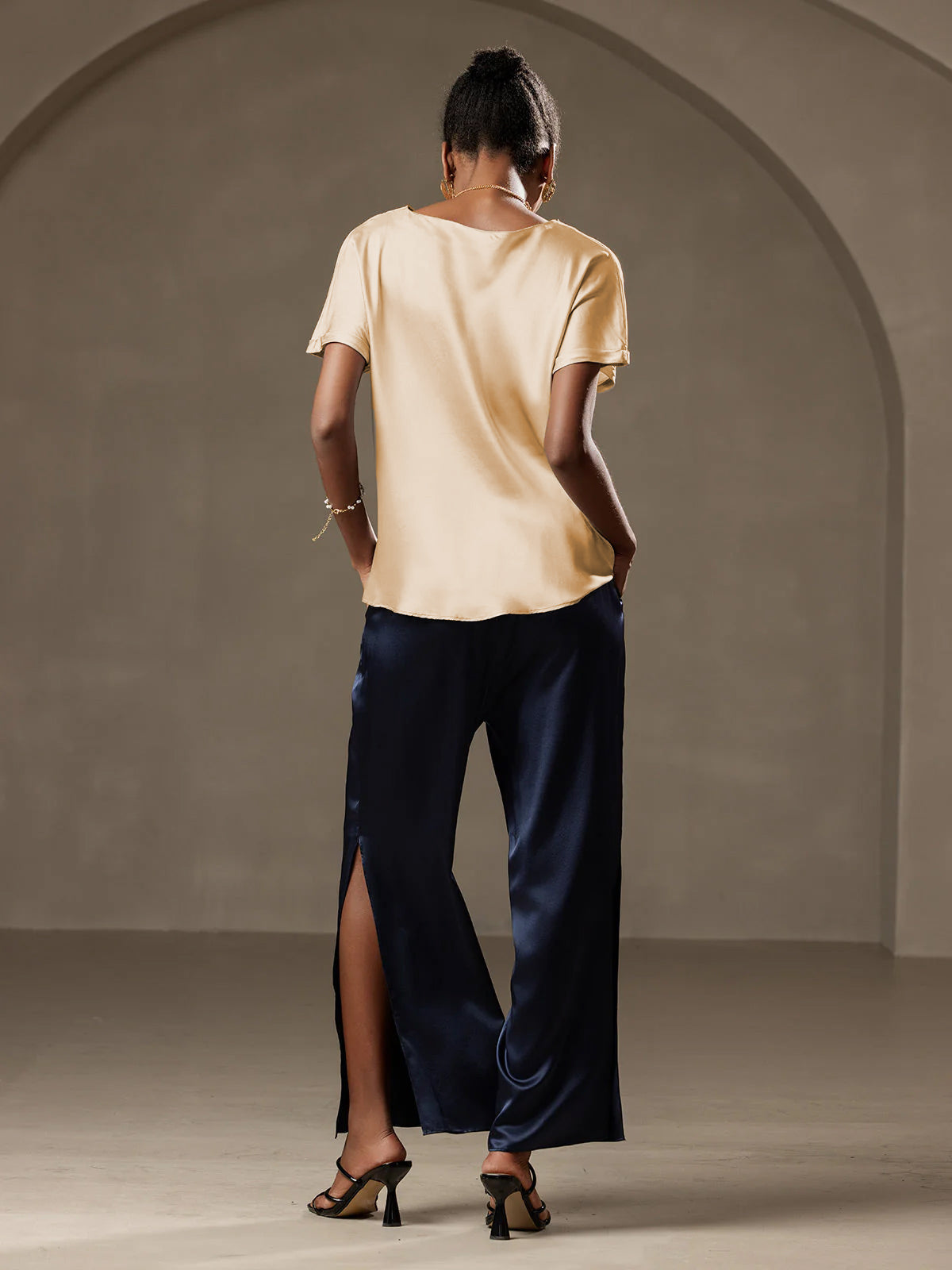 [Champagne] SilkSilky-NL 19Momme Zijde Ronde Hals Dames T-Shirt 002