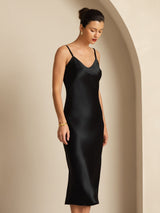 [Zwart] SilkSilky-NL Spaghetti Strap V Neck Jurk 003