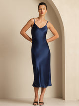 [Donkerblauw] SilkSilky-NL Spaghetti Strap V Neck Jurk 003
