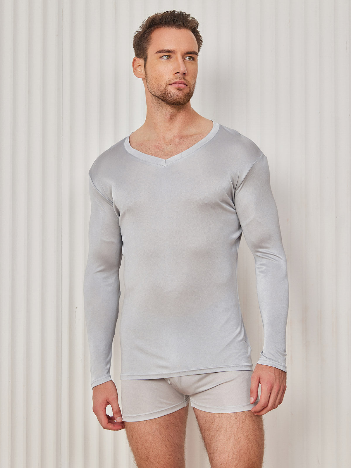 [Lichtgrijs] SilkSilky-NL Zijde Gebreid Lange Mouw V-Hals Heren T-Shirt 004