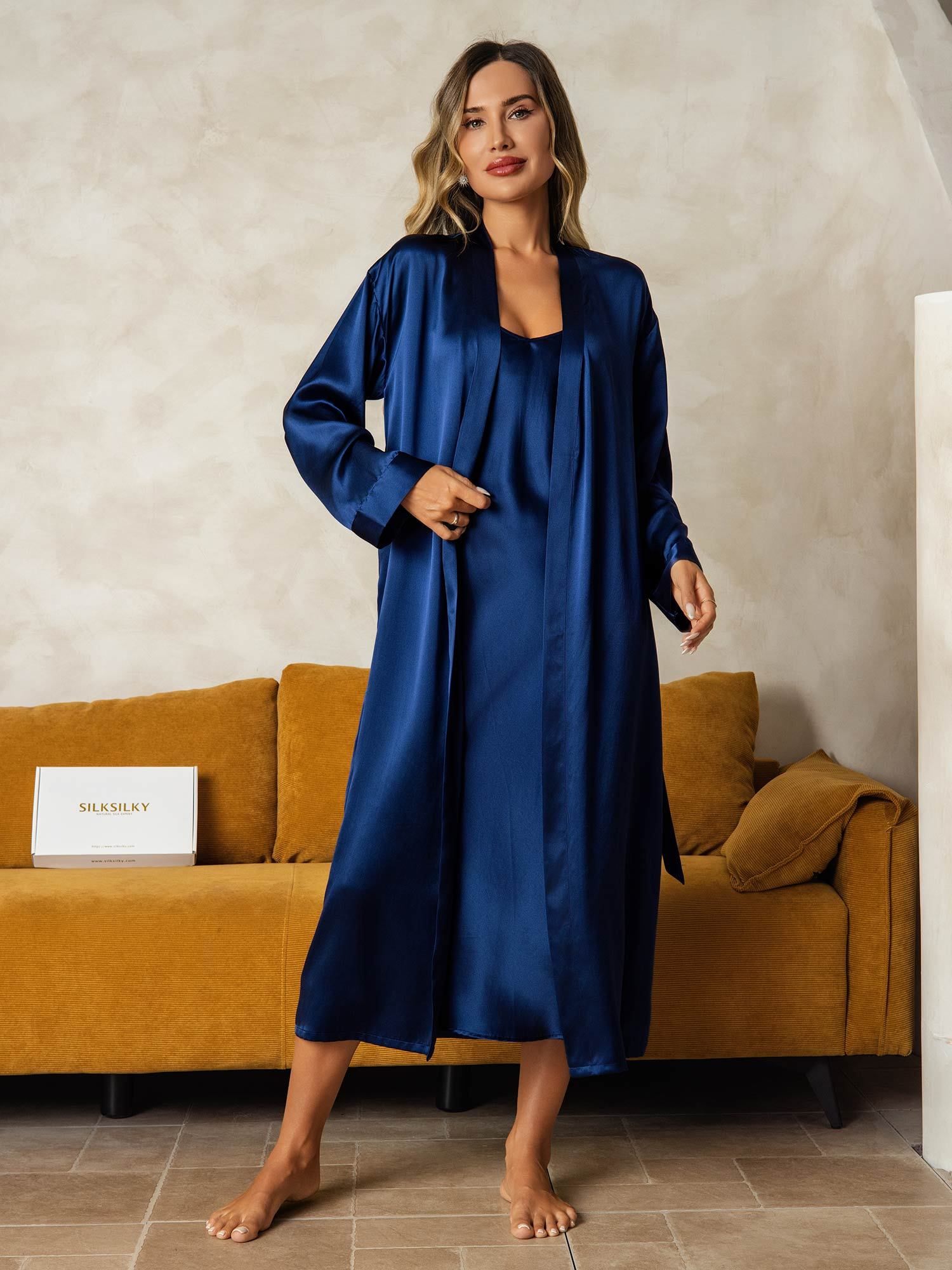 [Donkerblauw] SilkSilky-NL Zijde Nightgown&Robe Set 008