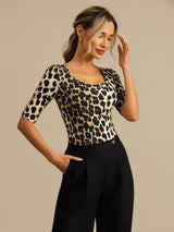 [Leopard] SilkSilky-NL Halve Mouw Diepe Ronde Hals Dames T-Shirt 005