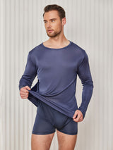 [Donkerblauw] SilkSilky-NL Lange Mouw Ronde Hals Heren T-Shirt 004