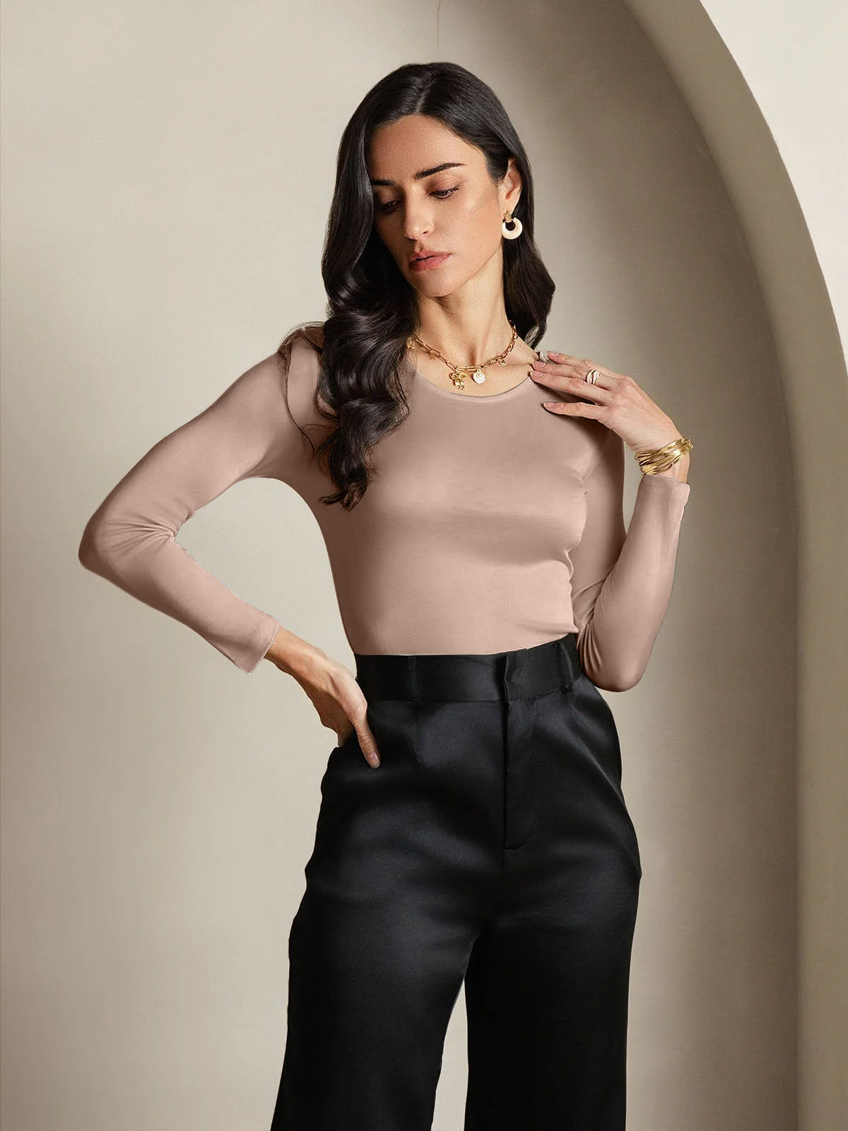 [Koffie] SilkSilky-NL Zijde Ronde Hals Dames T-Shirt 003
